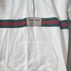 Gucci White 1/2 Zip Hoodie S Teens(12)Cotton Striped Logo Pocket