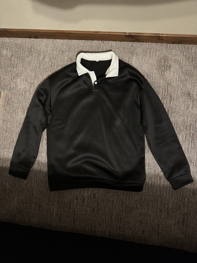 Men’s Black Pullover Sweatshirt White Collared Neck Button Placket Size M