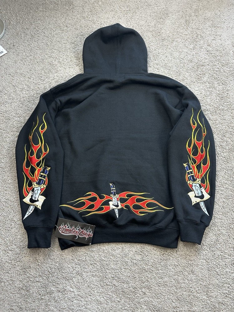 Sapphire Lounge Embroidered Hoodie Men’s L Pullover Flame Gamble Cards Knifes