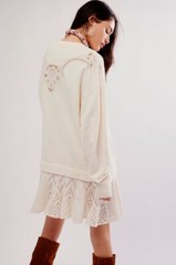 Free People Prairie Sweatshirt Tunic Dress Eyelet Lace Swing Hem Ivory S NEW