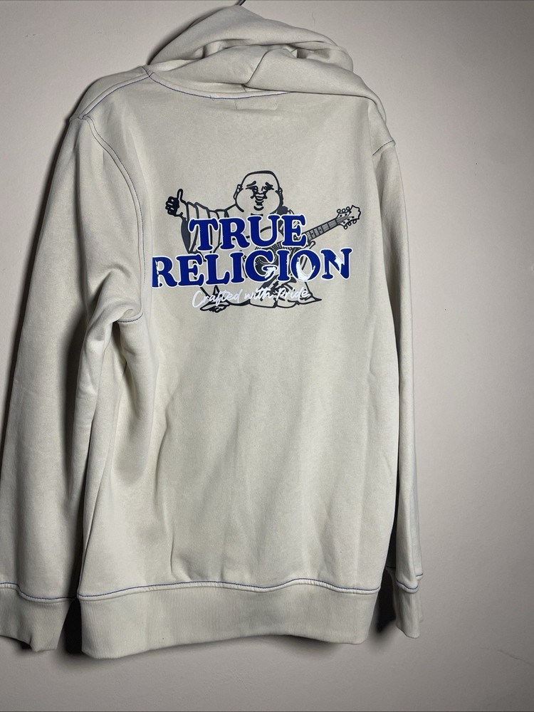 True Religion Men’s S Fog Beige Contrast Zip Hoodie NWT Buddha Logo $124