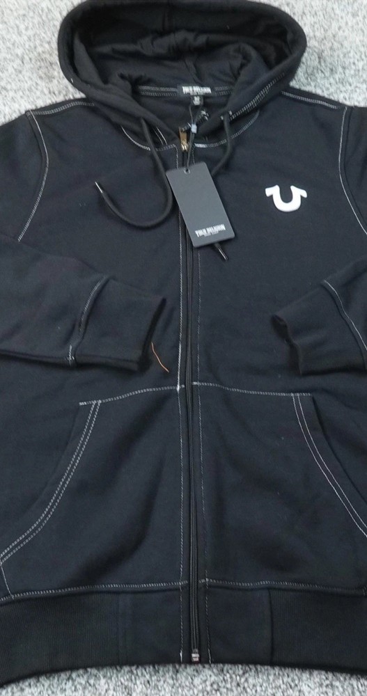 $119 NWT True Religion Zip Hoodie Men’s Large Jet Black Buddha Logo