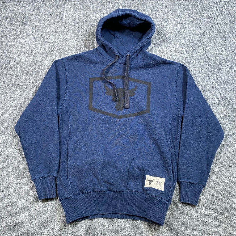 Under Armour Project Rock Mens Small Navy Blue Brahma Bull Hoodie Sweatshirt