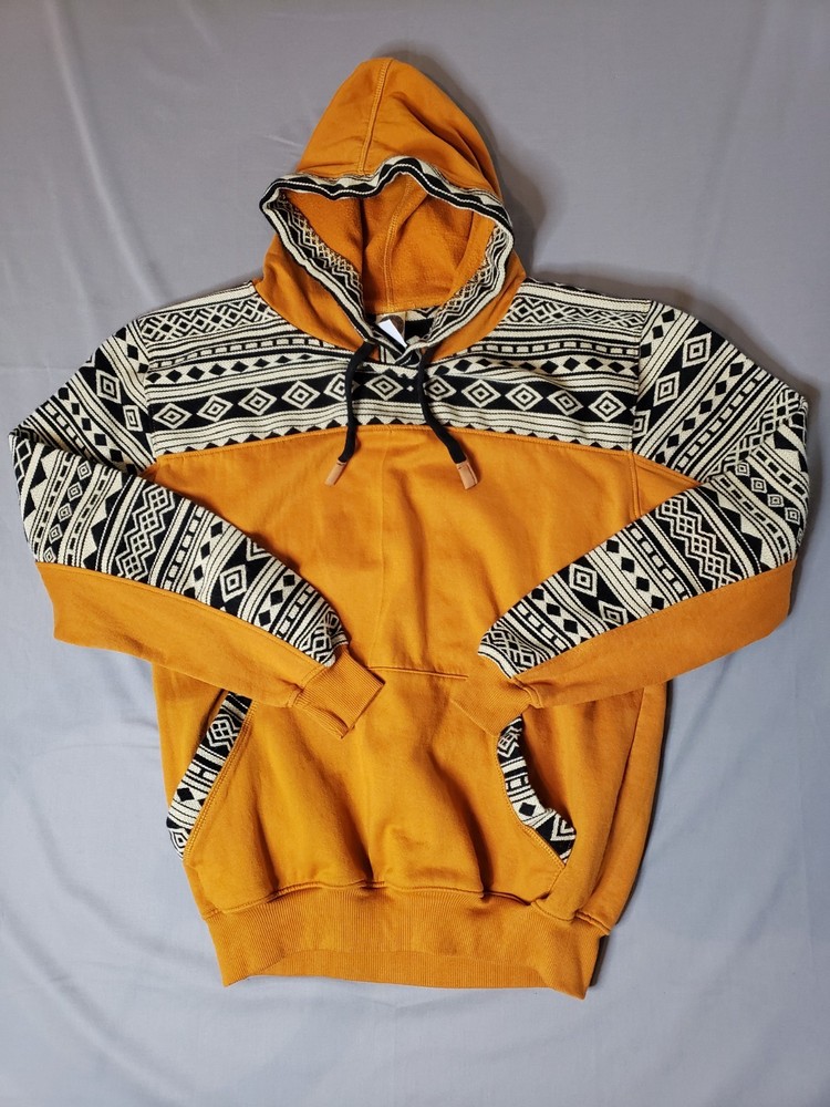 Rupay Men’s L Orange Geometric Pullover Fleece Hoodie Pockets Drawstring