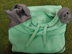 Nike Hoodie Mens Large Mint Green Gray Swoosh Logo Fleece Lined Thumbhole Sleeve