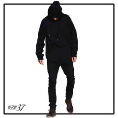 evan37 Warrior Thick Black Sweep Cut Hem Pleated Detailing Sleeves Hoodie Size L