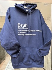 Navy Blue Fleece Pullover Hoodie Size LARGE Graphic BRUH Gildan Heavy Blend