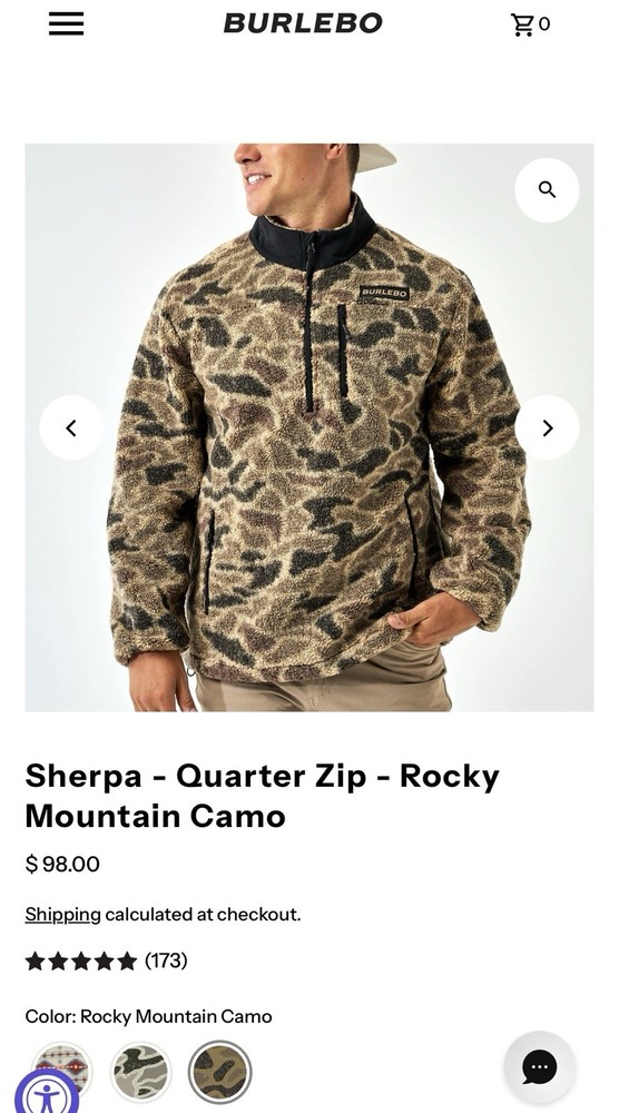 Men’s Burlebo Sherpa Quarter Zip Large Rocky Mountain Camo Fleece Pullover