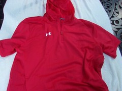 NWT Under Armour loose fit hooded pullover, men’s L, XL, red, $70, short sleeve