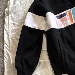 FILA Unisex Fleece Sweatshirt M Black White Colorblock 1/4 Zip Pockets