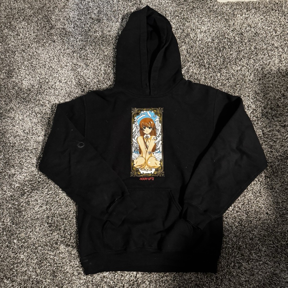 Hook-Ups Anime Graphic Fleece Black Pullover Hoodie Men’s S Hooded Pockets