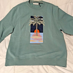 LANVIN Paris Luxury Pullover XL Resortwear Sage Green Palm Tree Sunset Graphic