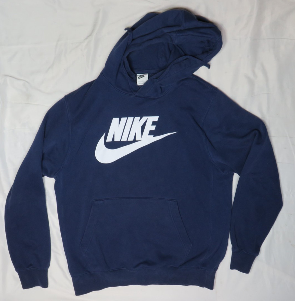 NIKE MENS M NAVY BLUE HOODIE SWOOSH FLEECE PULLOVER LS COTTON POLYESTER
