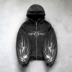 Men’s Gothic Tribal Graphic Zip-Up Hoodie Oversized Washed Black S–2XL