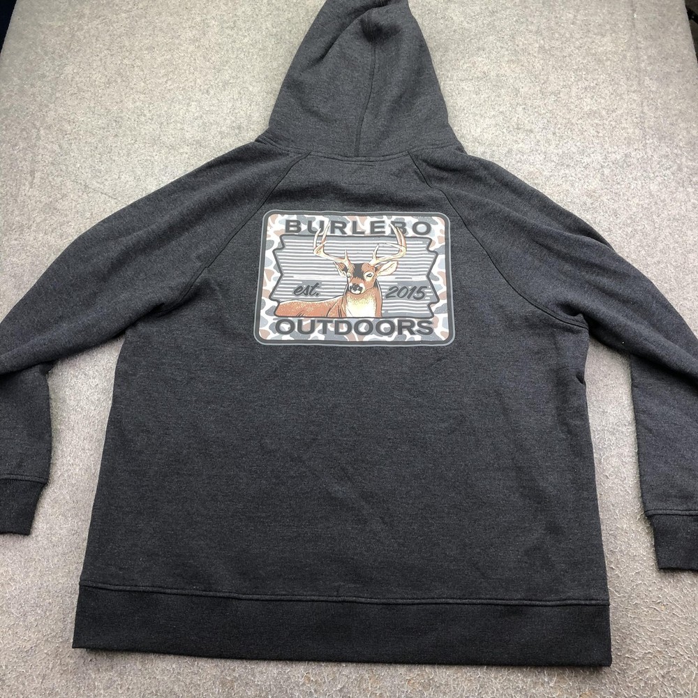 Burlebo Hoodie Mens Large Gray Pullover Fleece Sweatshirt Graphic Deer Outdoors