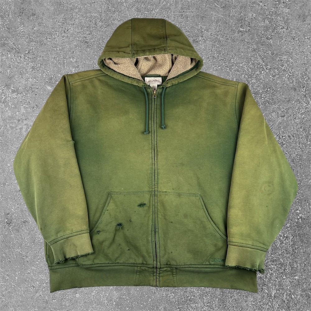 L.L. Bean Katahdin Iron Works Hoodie Mens XL Green Distressed Sun Faded Gradient