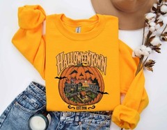 Halloween Spooky Season Unisex Crewneck Sweatshirt Vintage Pumpkin Town Printed