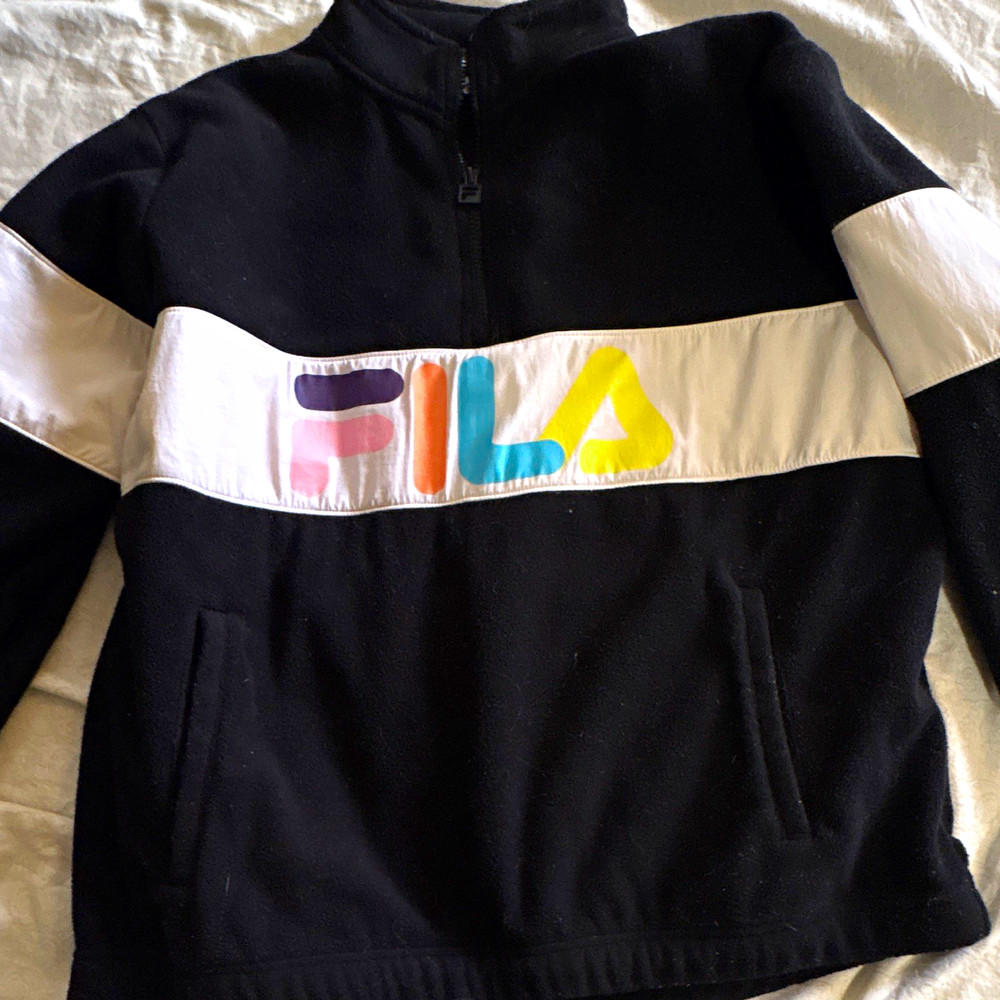 FILA Unisex Fleece Sweatshirt M Black White Colorblock 1/4 Zip Pockets