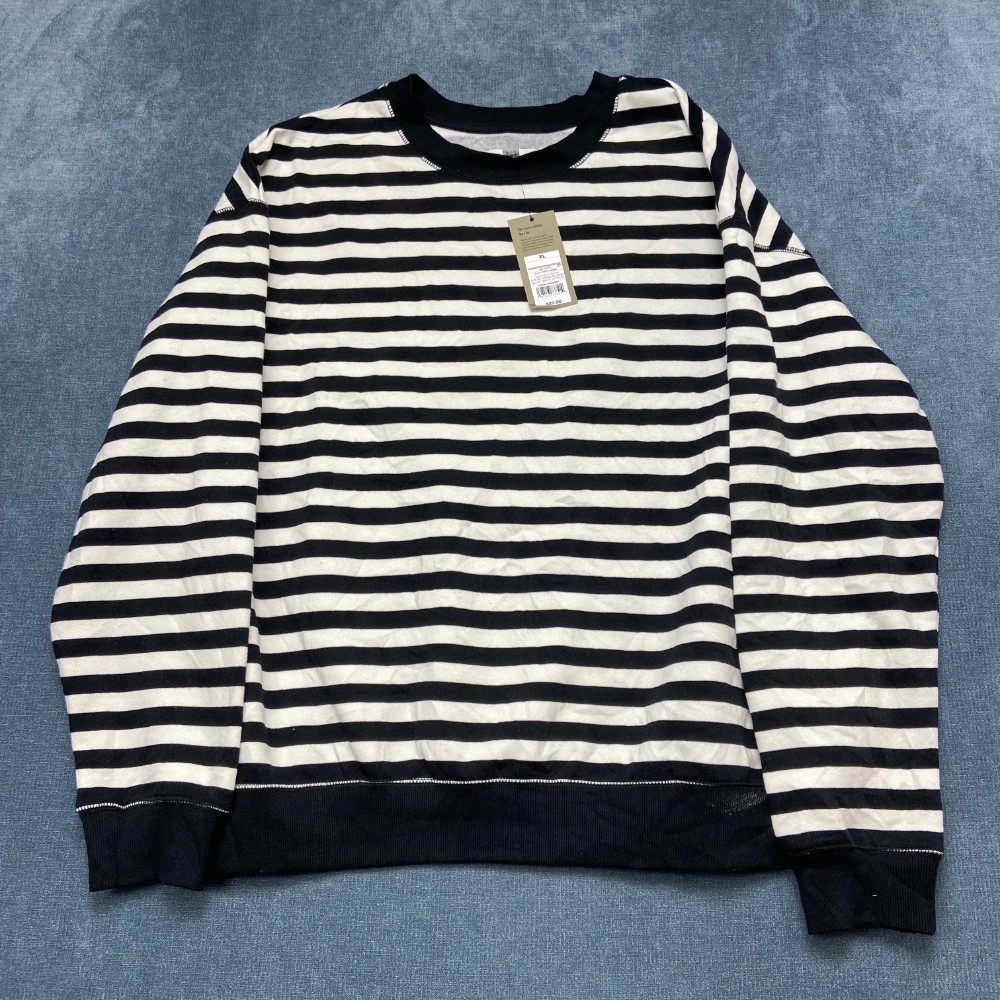 Goodfellow & Co Sweatshirt Mens XL White Black Striped Crew Neck Fleece Lined