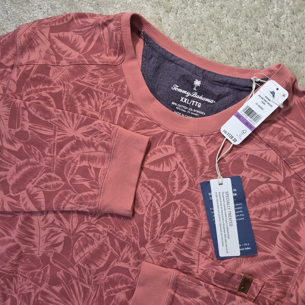Tommy Bahama Mens Ben and Terry Sweatshirt Mens 2XL Coral Pink Floral Hawaiian