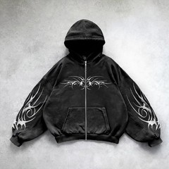 Men’s Gothic Tribal Graphic Zip-Up Hoodie Oversized Washed Black S–2XL