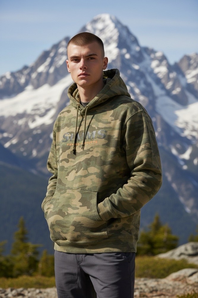Simms Fishing Products Hoodie Men’s 3XL Camo Pullover Logo Outdoor Sweatshirt