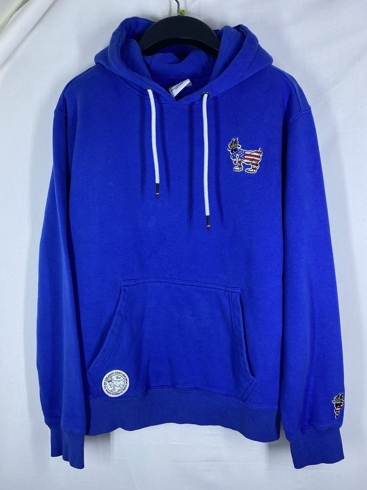 Goat USA Hoodie Mens Medium Blue Heavyweight Pocket USA Flag Logo Sweater