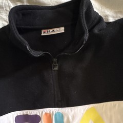 FILA Unisex Fleece Sweatshirt M Black White Colorblock 1/4 Zip Pockets