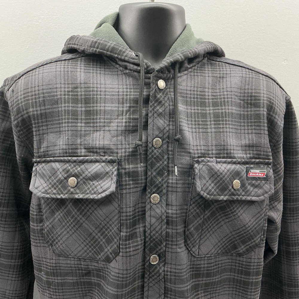 Dickies Hooded Plaid Flannel Jacket Mens Medium Gray Fleece Lined Snap Close