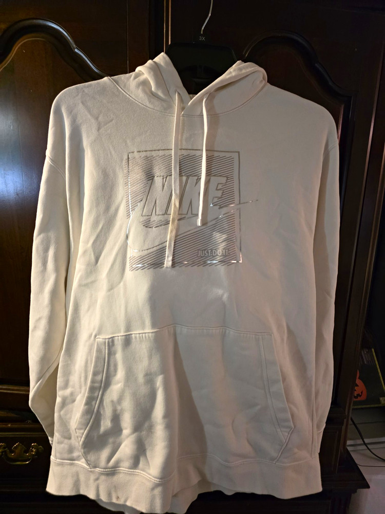 Nike Men’s White Graphic Print Pullover Hoodie Logo Hooded Pockets Size 2XL