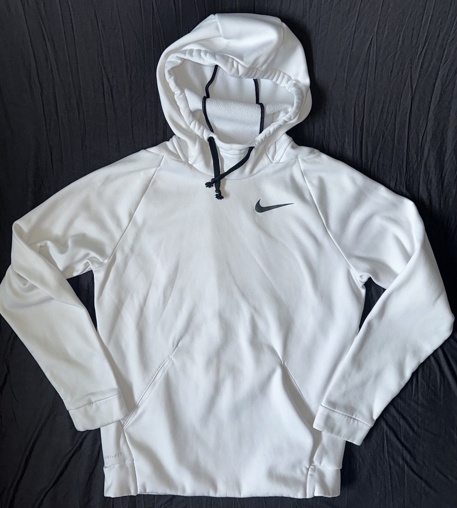 Nike Sweatshirt Mens Small White Dri FIT Pullover Hoodie Swoosh Logo Workout