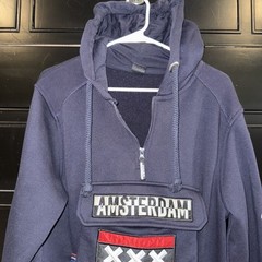 Amsterdam Designs Large Hoodie Navy Red White Half Zip Graphic Pockets