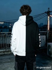 Niepce Men’s Black White Split Color Block Hoodie Japanese Tokyo Kanji Pullover