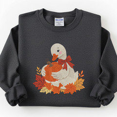 Fall Goose Sweatshirt Embroidered Adult Unisex Cozy Pumpkin Autumn Leaves Gift