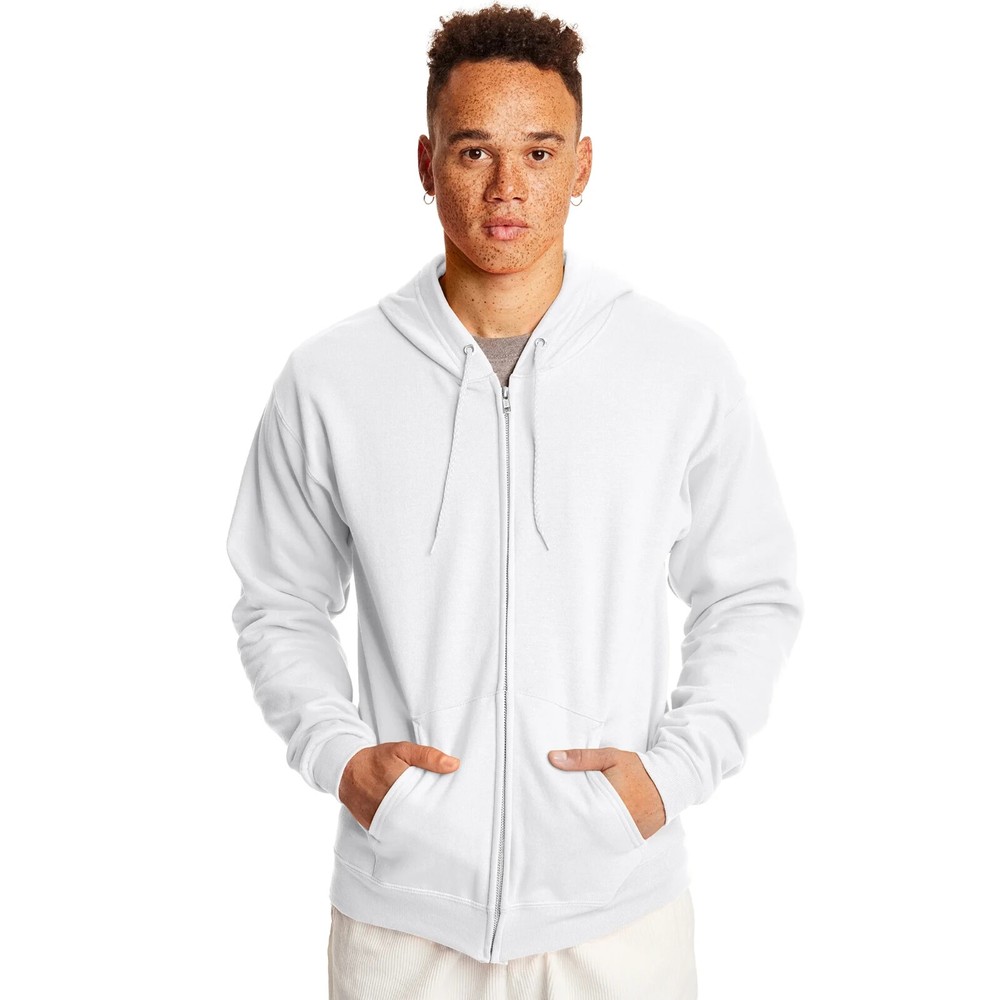 Hanes Men’s EcoSmart Full-Zip Fleece White Soild Breathable Hoodie, Size Small