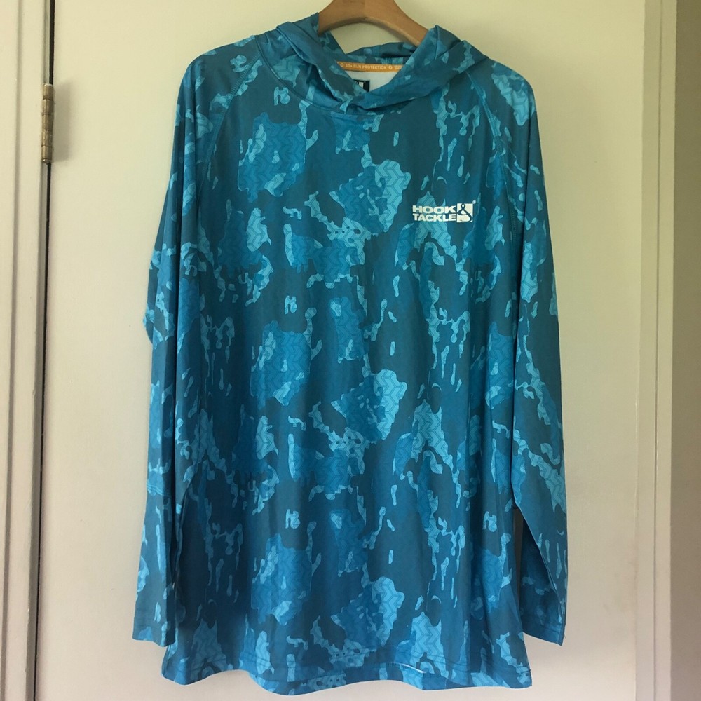 NWT HOOK & TACKLE Men Large Blue Heather UV Block Lightweight Fishing Hoodie