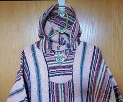 Baja Joe Poncho Hoodie Size Large Pink Multicolor Woven Mexican Baja Pullover