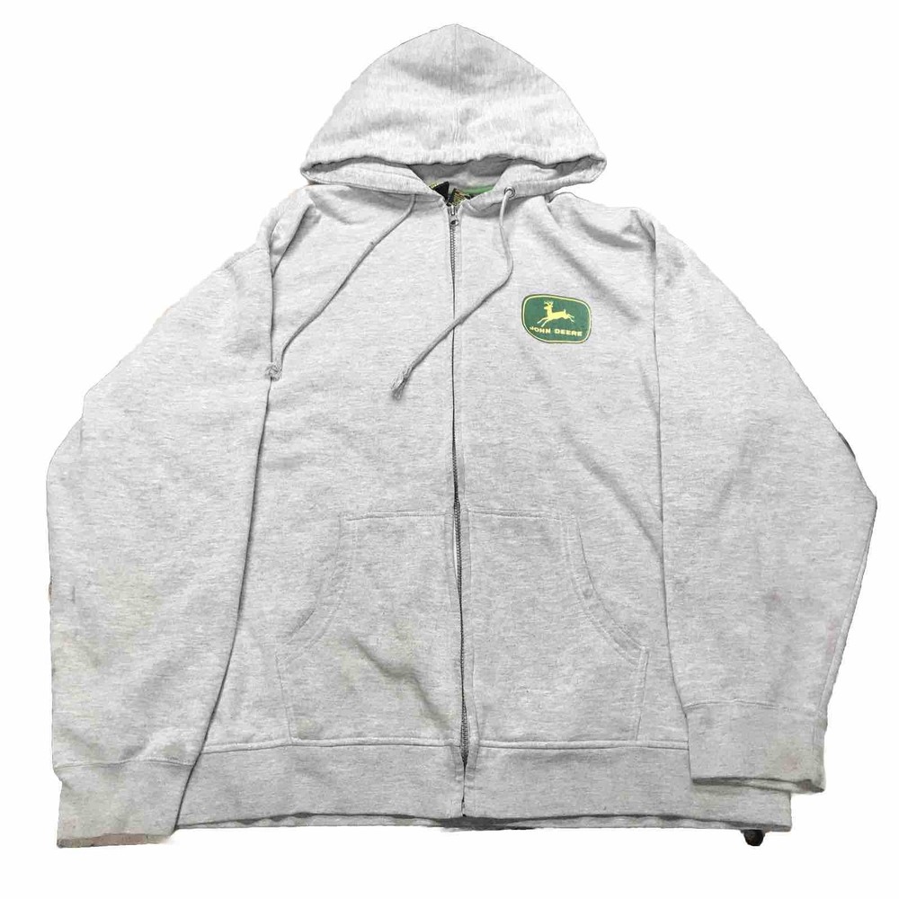 John Deere Mens Gray Full Zip Hoodie Sweatshirt XL Tractor Graphic Stained Read