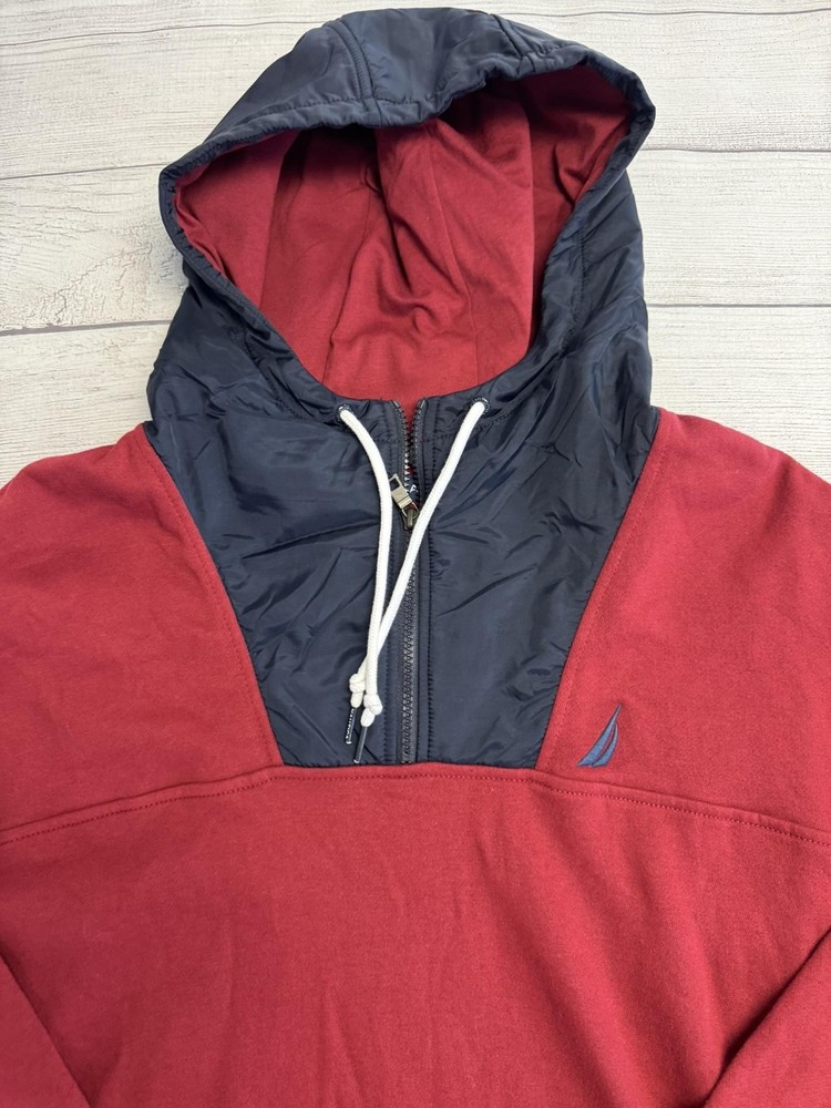 Nautica Hoodie Mens 2XL Red Navy Quarter Zip Pullover Sweatshirt Logo Pockets