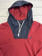 Nautica Hoodie Mens 2XL Red Navy Quarter Zip Pullover Sweatshirt Logo Pockets