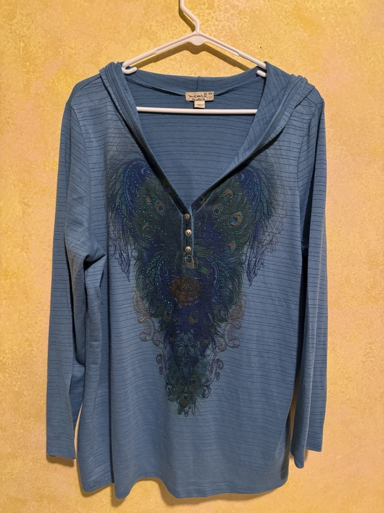 One World 2XL Hoodie Pullover boho, peacock feather design Glitter Rhinestones