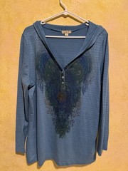 One World 2XL Hoodie Pullover boho, peacock feather design Glitter Rhinestones