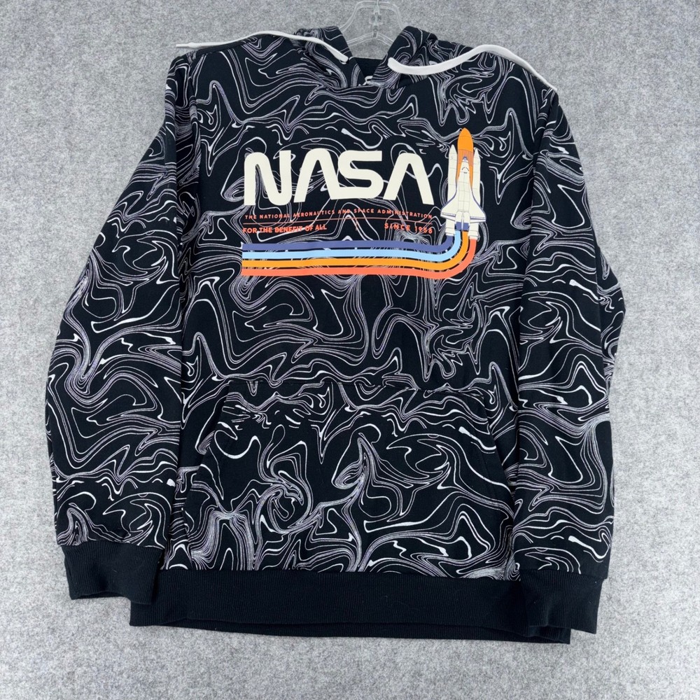 NASA Graphic Hoodie Mens Medium Black Marble Swirl Space Shuttle Retro Logo
