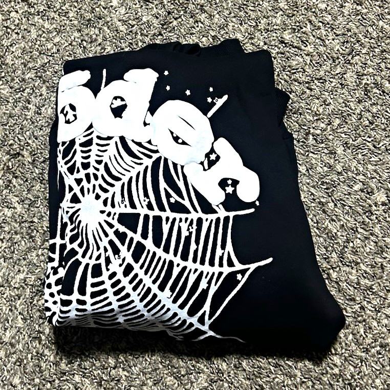 Men’s Black Pullover Fleece Cotton Hoodie Spider Web Graphic Print Size L