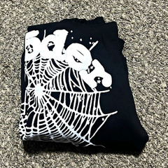 Men’s Black Pullover Fleece Cotton Hoodie Spider Web Graphic Print Size L