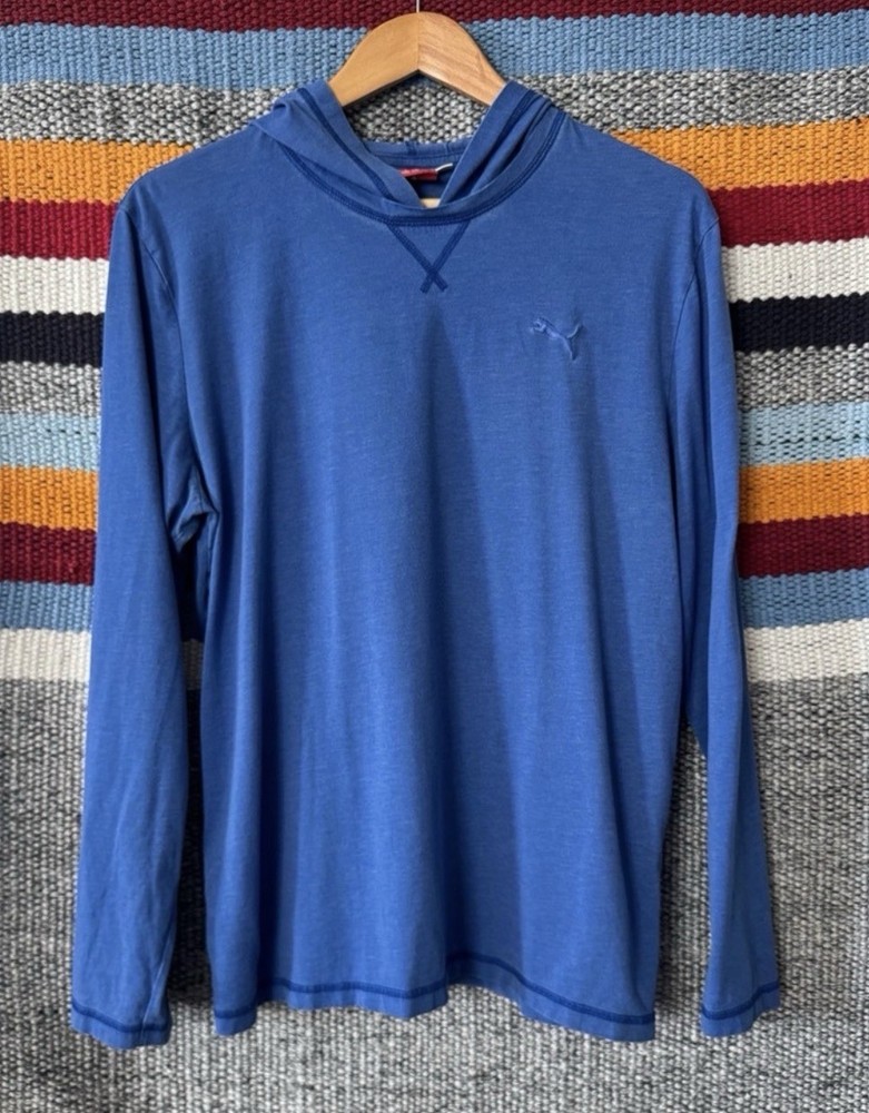 PUMA Solid Pullover Hoodie Blue Knit Cotton Polyester Men’s L Long Sleeve