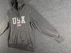 USA Embroidered Flag Logo Drawstring Pullover Hoodie Mens Medium Patriotic Gray