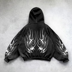 Men’s Gothic Tribal Graphic Zip-Up Hoodie Oversized Washed Black S–2XL
