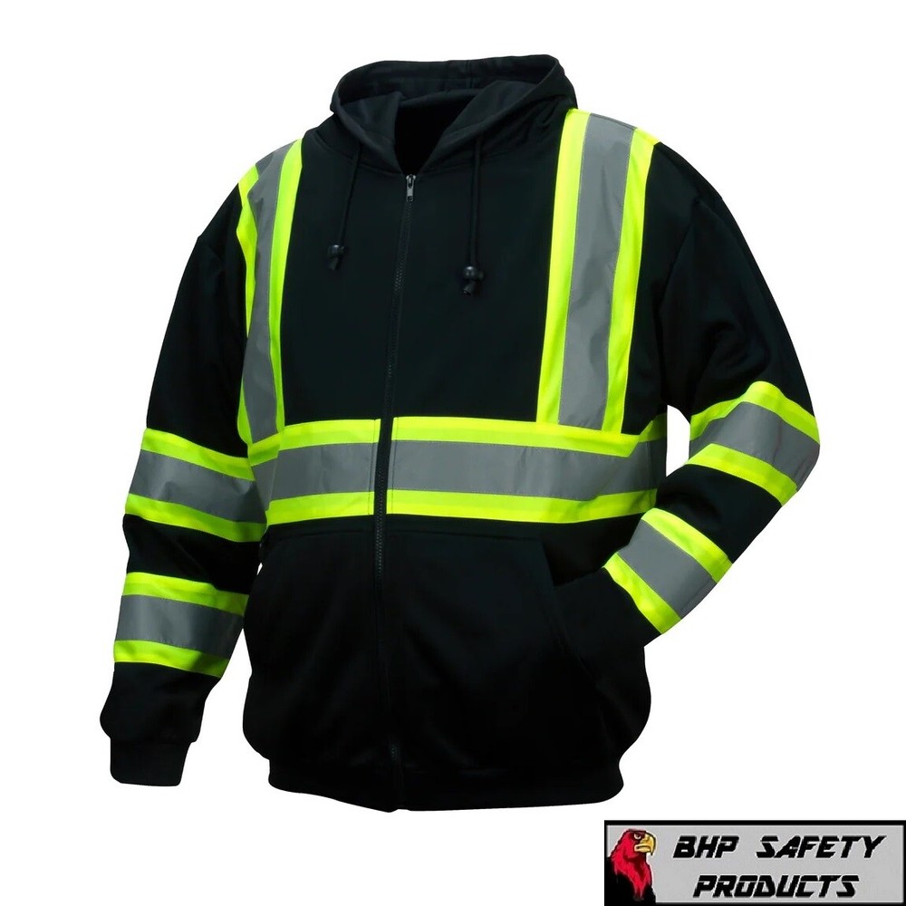Hi Vis ANSI Reflective Work Safety Black Zip Up Hooded Sweatshirt Fleece Hoodie