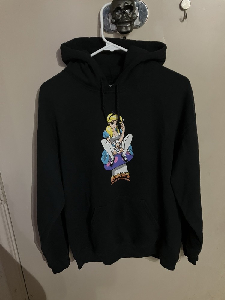 Hook Up Skateboards, Black Hoodie Size Medium Alice In Wonderland